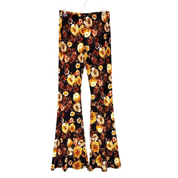 Polly & Esther Floral Bell Bottom Flared Pants Pull-On Black Multicolor Womens L - Picture 1 of 6